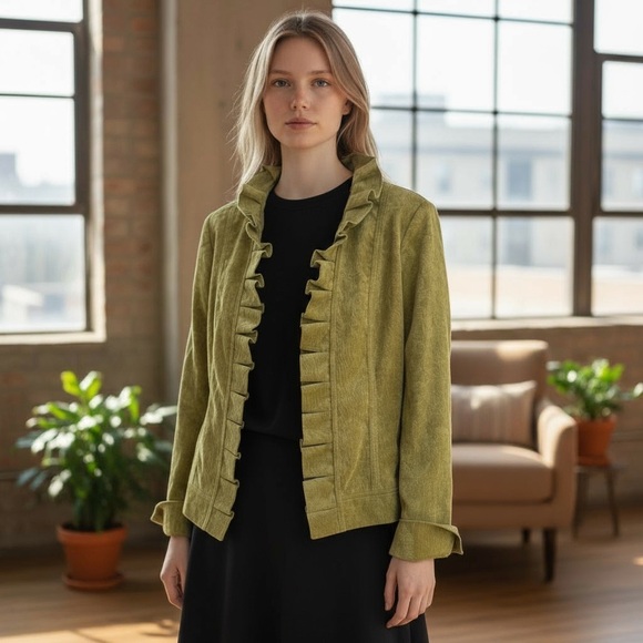 Chico’s Size 0 - 4Green Ruffle Open Front Jacket Blazer • Dressy Career Layering - Picture 10 of 10